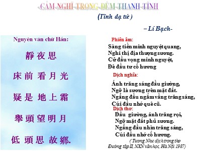 Bài giảng Ngữ Văn Khối 7 - Bài 10: Văn bản Cảm nghĩ trong đêm thanh tịnh (Tĩnh dạ tứ - Lý Bạch)