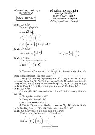 Đề kiểm tra môn Toán Lớp 7 - Học kì I - Năm học 2016-2017 - Phòng Giáo dục và đào tạo huyện Tứ Kì