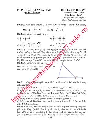 Đề kiểm tra môn Toán Lớp 7 - Học kì I - Năm học 2018-2019 - Phòng Giáo dục và đào tạo Quận Tân Phú