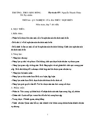 Giáo án Đại số Lớp 7 - Tiết 64, Bài 9: Nghiệm của đa thức một biến - Nguyễn Thanh Thủy