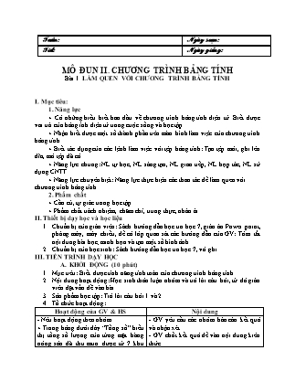 Giáo án Tin học Lớp 7 - Bài 1: Làm quen với chương trình bảng tính