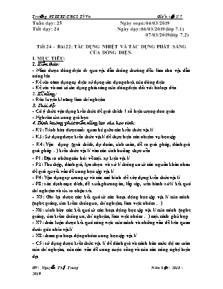 Giáo án Vật lý Lớp 7 - Tiết 24, Bài 22: Tác dụng nhiệt và tác dụng phát sáng của dòng điện - Năm học 2018-2019 - Nguyễn Thị Trang