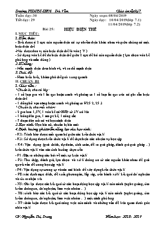 Giáo án Vật lý Lớp 7 - Tiết 29, Bài 25: Hiệu điện thế - Năm học 2018-2019 - Nguyễn Thị Trang