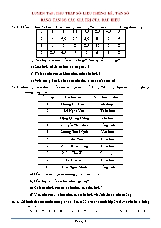 Bài luyện tập Đại số Lớp 7: Thu thập số liệu thống kê, tần số bảng tần số các giá trị của dấu hiệu