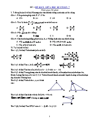 Đề thi khảo sát chất lượng học kỳ I môn Toán Lớp 7