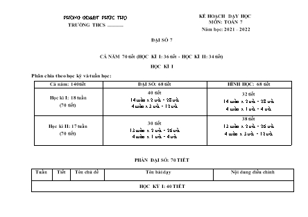 Kế hoạch dạy học môn Toán 7 - Năm học 2021-2022 - Phòng GD & ĐT Phú Thọ