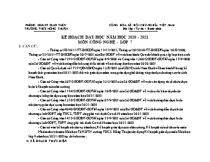 Kế hoạch dạy học năm học 2020-2021 môn Công nghệ Lớp 7 - Trường THCS Hồng Thuận