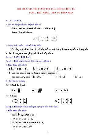 Bài tập Đại số 7 - Chủ đề 5: Giá trị tuyệt đối của một số hữu tỉ. Cộng, trừ, nhân, chia số thập phân