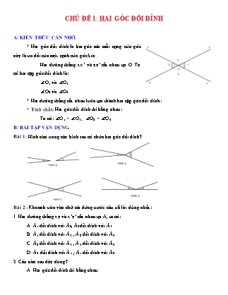 Bài tập Hình học 7 - Chủ đề 1: Hai góc đối đỉnh