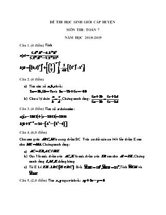 Đề thi học sinh giỏi cấp huyện môn Toán 7 (Có đáp án) - Năm học 2018-2019