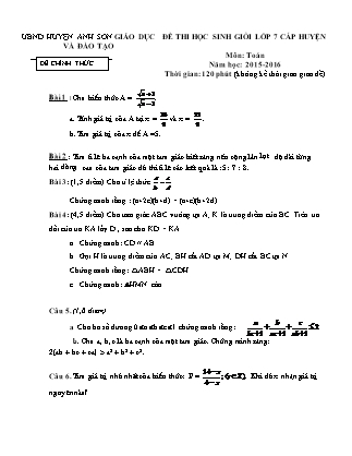 Đề thi học sinh giỏi cấp huyện môn Toán Lớp 7 (Có đáp án) - Năm học 2015-2016 - UBND huyện Anh Sơn