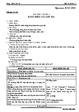 Giáo án Tin học 7 - Tiết 19+20, Bài thực hành 4: Bảng điểm của lớp em - Năm học 2010-2011 - Đào Minh Hiếu