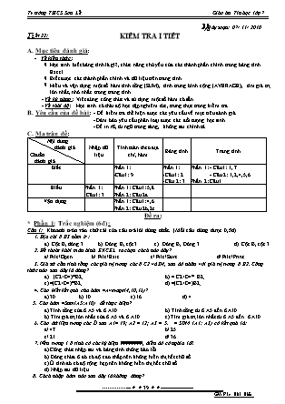 Giáo án Tin học 7 - Tiết 22: Kiểm tra 1 tiết - Năm học 2010-2011 - Đào Minh Hiếu