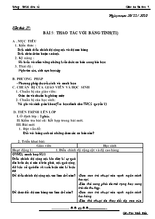 Giáo án Tin học 7 - Tiết 27, Bài 5: Thao tác với bảng tính (Tiết 1) - Năm học 2010-2011 - Đào Minh Hiếu