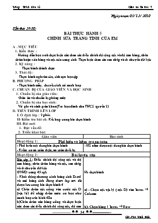 Giáo án Tin học 7 - Tiết 29+30, Bài thực hành 5: Chỉnh sửa trang tính của em - Năm học 2010-2011 - Đào Minh Hiếu