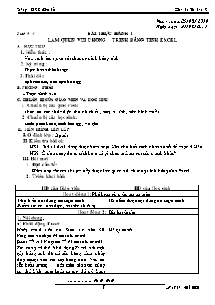 Giáo án Tin học 7 - Tiết 3+4, Bài thực hành 1: Làm quen với chương trình bảng tính Excel - Năm học 2010-2011 - Đào Minh Hiếu