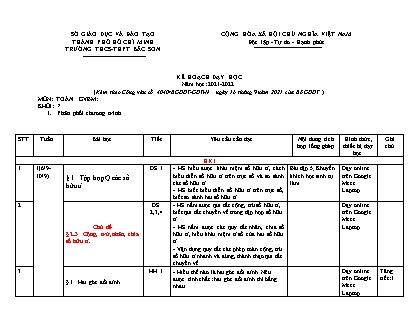 Kế hoạch dạy học giảm tải Toán 7 theo CV4040 - Năm học 2021-2022 - Trường THCS-THPT Bắc Sơn