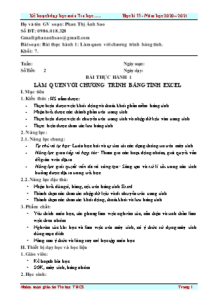 Kế hoạch dạy học môn Tin học 7 - Bài thực hành 1: Làm quen với chương trình bảng tính Excel - Phan Thị Ánh Sao