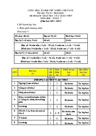 Kế hoạch giáo dục của giáo viên môn Toán 7 theo CV5512 - Năm học 2021-2022