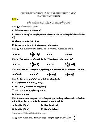Phiếu bài tập Đại số Lớp 7 Sách Kết nối tri thức - Buổi 17: Ôn tập biểu thức đại số đa thức một biến
