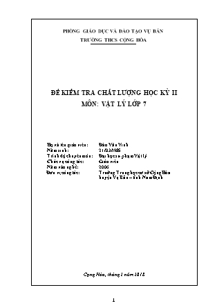 Đề kiểm tra chất lượng học kì II môn Vật lí 7 - Năm học 2017-2018 - Đào Văn Vinh (Có đáp án)